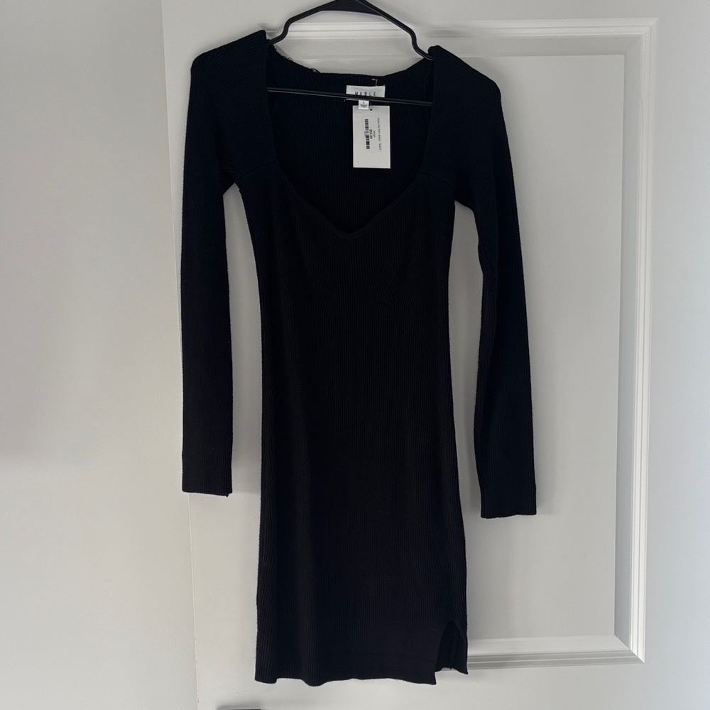 MABLE Black Long Sleeve Ribbed Scoop Dress
